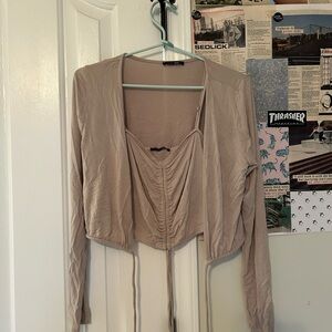 Papermoon Tan Ruched Tie Front Crop Blouse